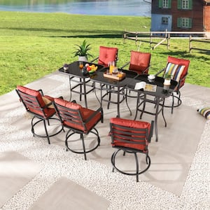 9-Piece Metal Bar Height Outdoor Dining Set with Red Cushions