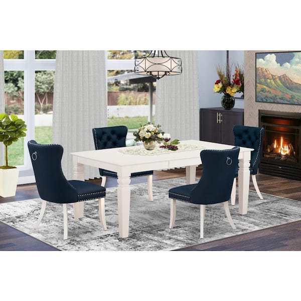 5-Piece Linen white Solid Wood Top - Rectangular Upholstered Dining Room Set with Butterfly Leaf - Seats 4