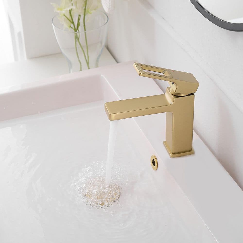 Brushed Gold Single-Handle Low-Arc Bathroom Faucet with Drain