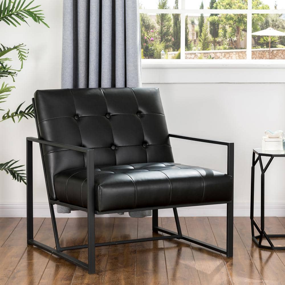 Modern Black Faux Leather Barrel Accent Chair with Metal Frame