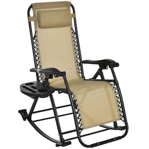 Beige Metal Zero Gravity Outdoor Rocking Chair with Pillow and Cup Holder for Garden, Backyard and Poolside