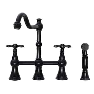 Solid Brass Kitchen Faucet with Side Sprayer- 2 Cross Handles, Matte Black