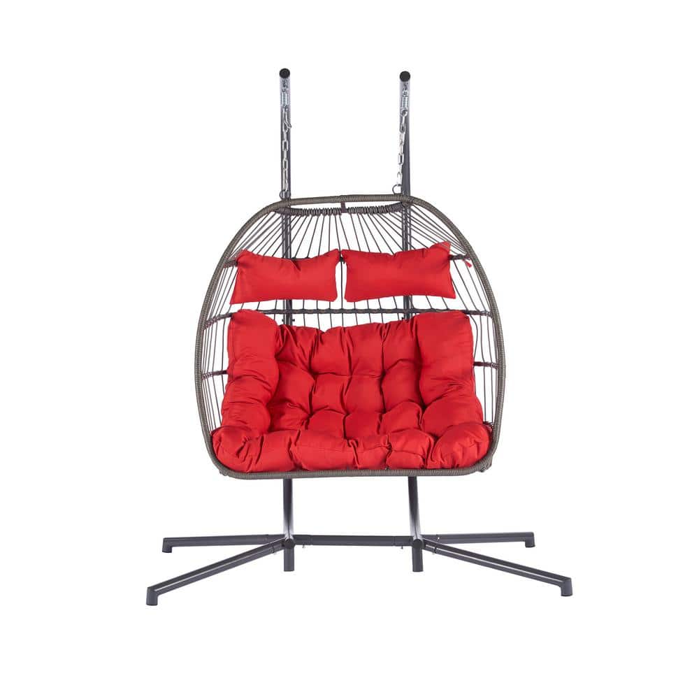 2 Person Wicker Patio Outdoor Rattan Porch Swing Hanging Egg Chair With Red