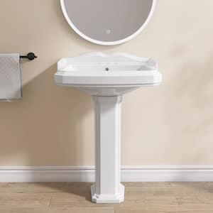 Modern Glossy White Ceramic Rectangular Vessel Sink with Predrilled Holes, Overflow Pedestal Sink Combo Bathroom Sinks