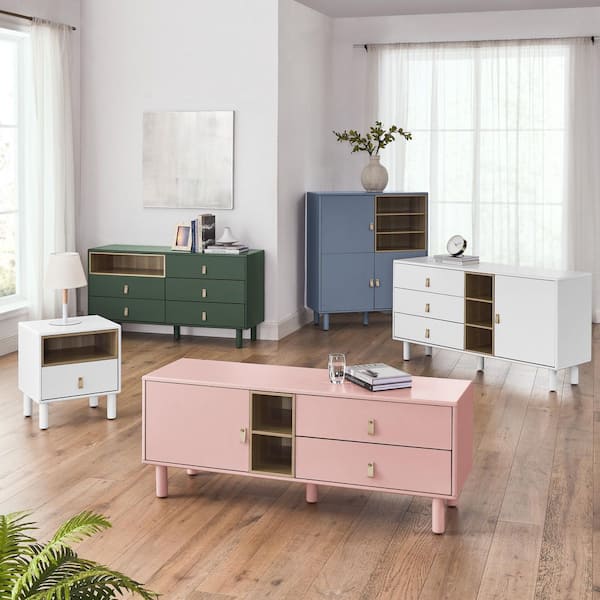 Tahanbath Multifunctional Wooden Storage Cabinet with Doors and Leather-Handle Drawers for Home and Office in Blue