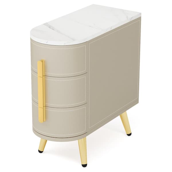BYBLIGHT Kerlin 11.81 in. Ivory and Gold U-Shaped MDF End Table, 3-Drawer Side Table with Saddle Leather Finish for Home Office