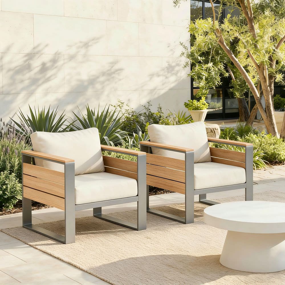2-Piece Aluminum Outdoor Armchairs Patio Conversation Set with Beige Cushions