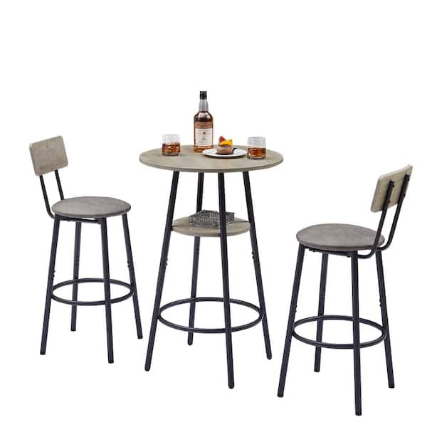 Huluwat 35.4 in. Gray Low Back Metal Bar Stool with Upholstered Seat and Round Table for Kitchen Counter (Set of 3)