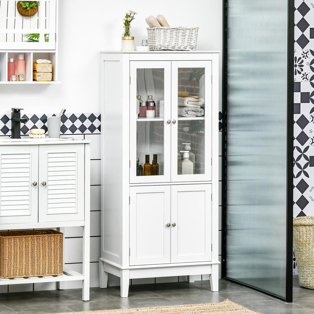 White MDF Bathroom Floor Cabinet with Tempered Glass Doors