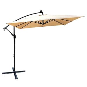8.2 ft. Steel Market Umbrella Patio Umbrella in White Solar LED Light Crank Cross Base Square Outside Deck Pool