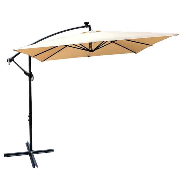 Tunearary 8.2 ft. Steel Market Umbrella Patio Umbrella in White Solar LED Light Crank Cross Base Square Outside Deck Pool