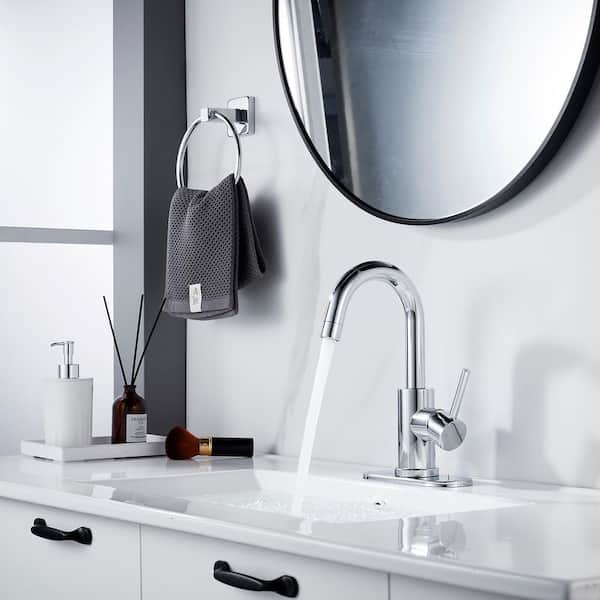 Single-Handle Single Hole Swivel Spout Bathroom Faucet Vanity Sink Faucet with Deck Plate Drain Kit in Polished Chrome
