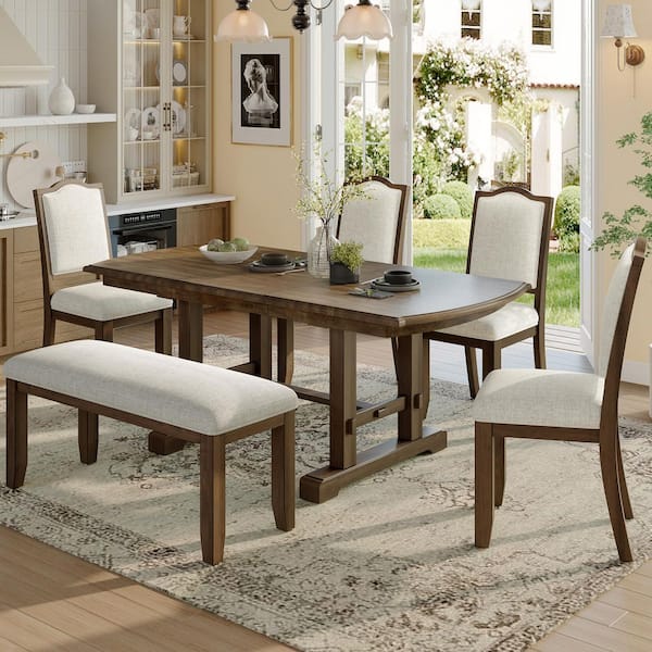 Norwick French 6-Piece Extendable Rectangle MDF Top Dining Table Set with Side Chair and Bench, 6 Seats, Brown + Beige
