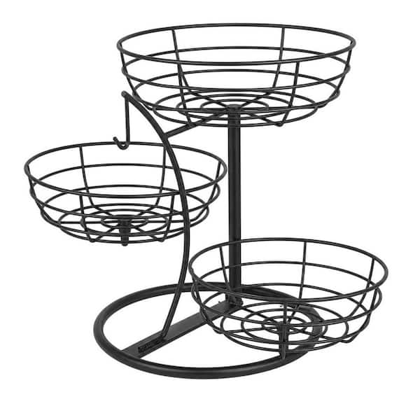 3-Tier Black Fruit Basket Bowl with Banana Hanger, Fruit Storage Basket with Metal Base for Kitchen Counter