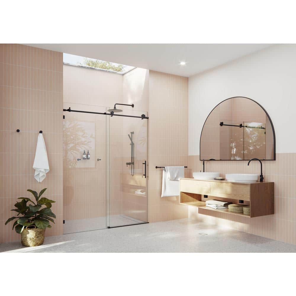 Eclipse Matte Black Frameless Sliding Shower Door with Clear Glass