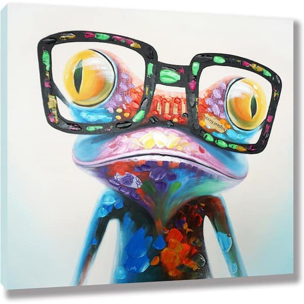 Canvas Wall Art 40 in. x 40 in. Colorful Animal Painting Pictures Happy Frog with Glasses Oil Painting Framed Artwork