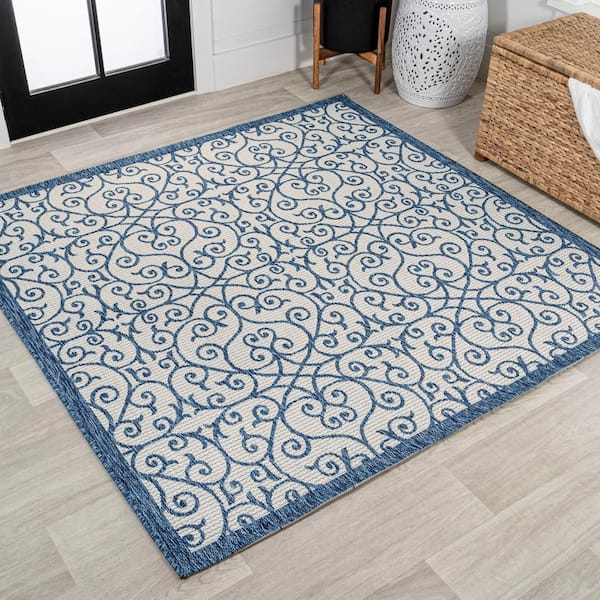 JONATHAN Y Madrid Vintage Filigree Textured Weave Cream/Blue 5 ft. Square Indoor/Outdoor Area Rug