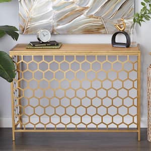 42 in. Gold Extra Large Rectangle Metal Honeycomb Pattern Geometric Console Table with Brown Wood Top