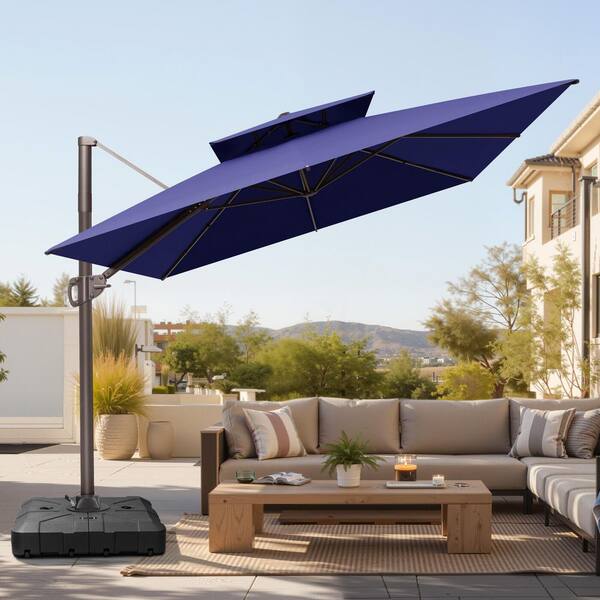 Crestlive Products 12 ft. x 9 ft. Double Top Rectangular Cantilever Patio Umbrella in Navy Blue with 260 lbs. Base Stand