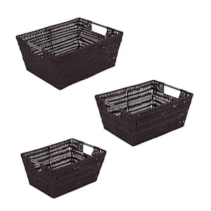 SM- 8.3 in.x 11.5 in.x 5.5 in., MD- 9.8 in.x 13 in.x 6 in., 3 Pack Set Rattan Tote Baskets in Chocolate
