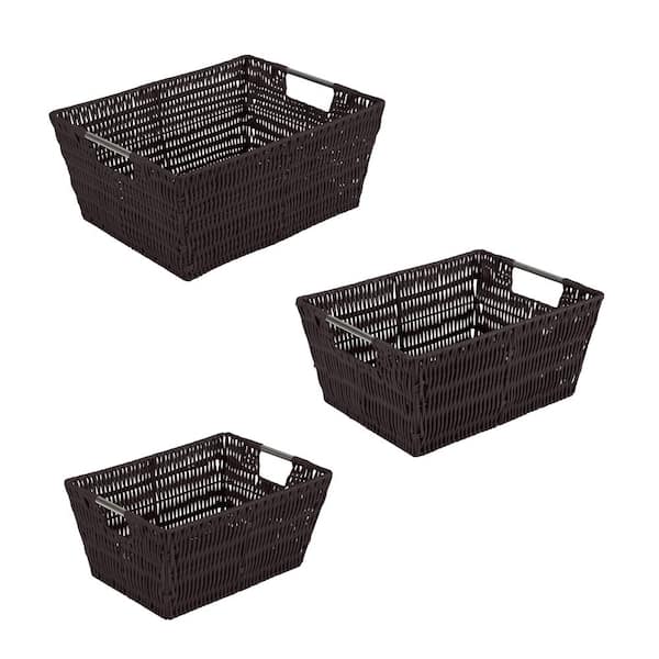 SIMPLIFY SM- 8.3 in.x 11.5 in.x 5.5 in., MD- 9.8 in.x 13 in.x 6 in., 3 Pack Set Rattan Tote Baskets in Chocolate