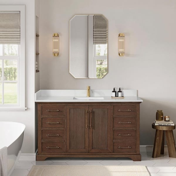 ROSWELL Tokyo 60 in.W x 22 in.D x 33.9 in.H Single Bath Vanity in Aged Dark Brown Oak with Silk White Quartz Stone Top