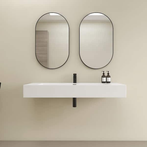 48 x 18 in. Solid Surface Wall Mount or Countertop Bathroom Vessel Sink with Single Faucet Holes in Matte White