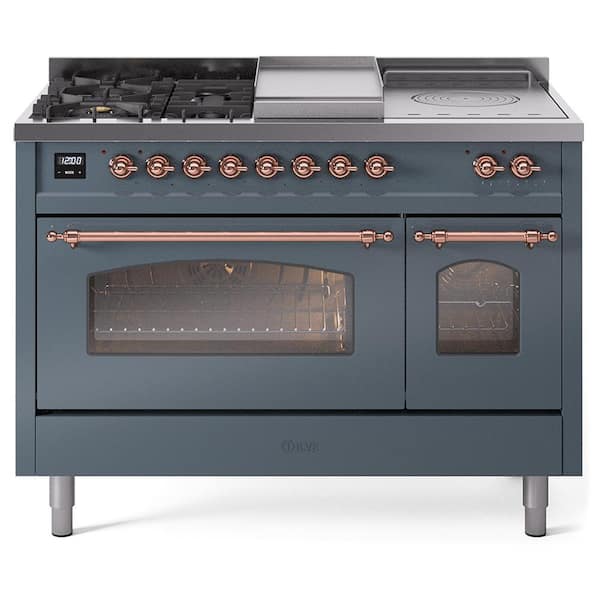 Nostalgie II 48 in. Dual Fuel Liquid Propane Range with 5-Burnerss, Griddle, Frenchtop, Copper Trim in Blue Grey