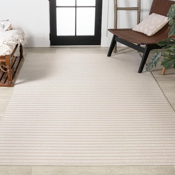 Aarhus High-Low Minimalist Scandi Striped Ivory/Cream 8 ft. x 10 ft. Indoor/Outdoor Area Rug