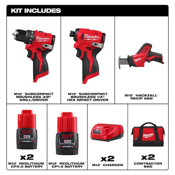 M12 12-Volt Lithium-Ion Brushless Cordless Subcompact Drill and Impact Driver Combo Kit w/2 Batteries, & HACKZALL Kit