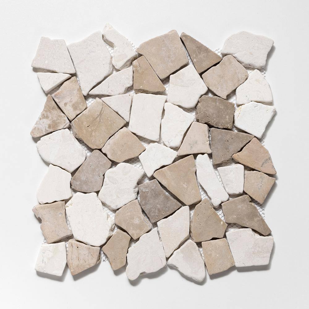 11" x 11" Tan and White Tumbled Marble Mosaic Tile