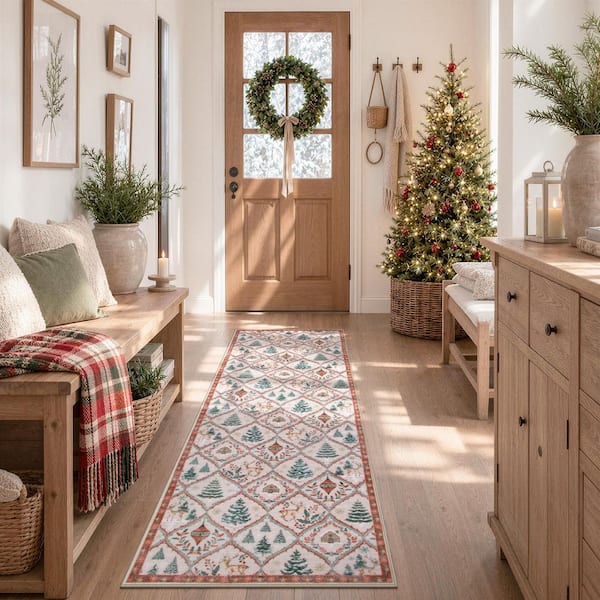 Washable Christmas Vintage Moroccan Animal Non Slip 2 ft. x 6 ft. Beige Entryway Kitchen Indoor Runner rug