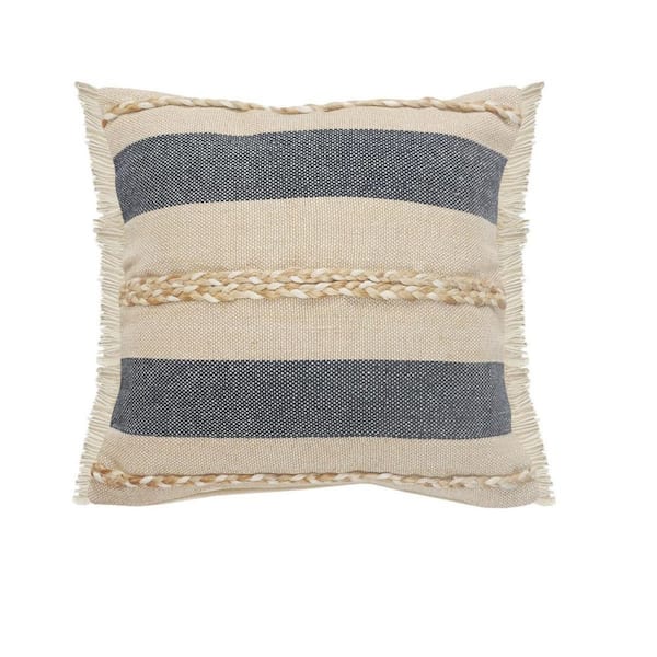 HomeRoots Denim Blue Striped Polyester 24 in. x 24 in. Throw Pillow