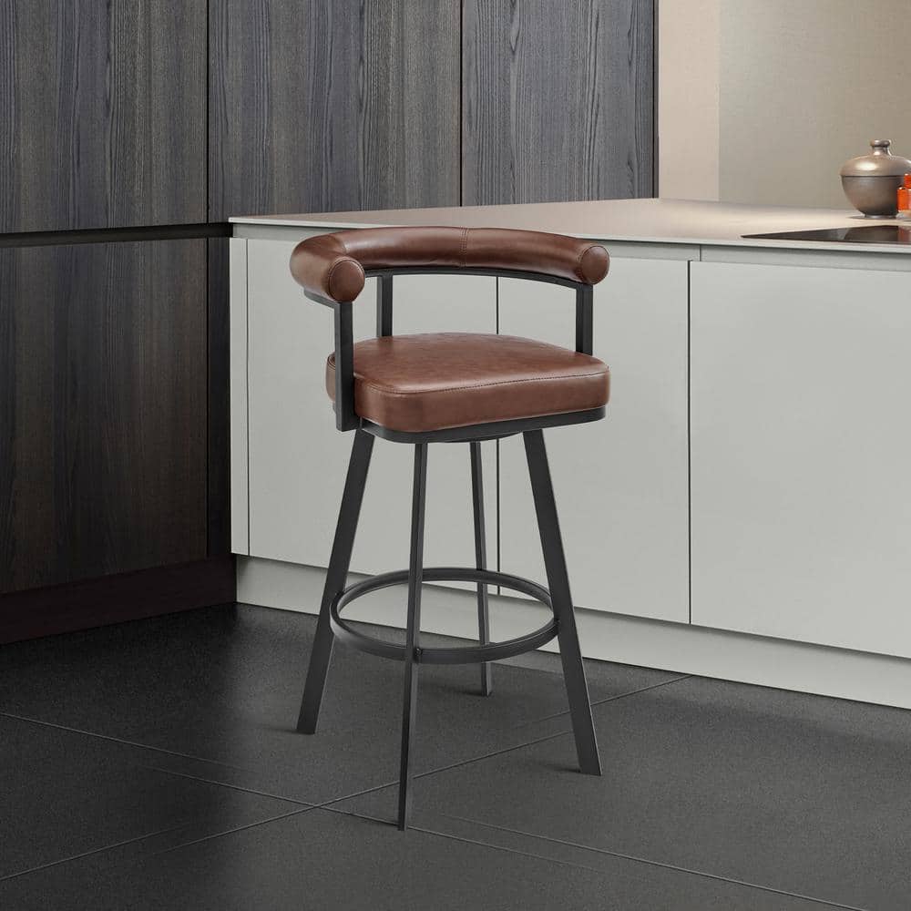 Magnolia 26 in. Brown/Black Low Back Metal Counter Stool with Faux Leather 