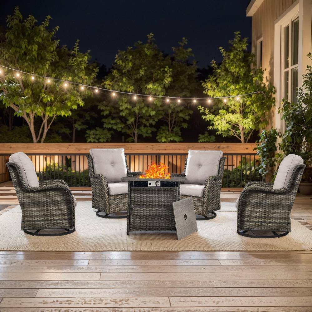 Wel lCane Gray 5-Piece Wicker Patio Fire Pit Set with Beige Cushions (4-Swivel Rocking Chairs and 1-Fire Pit Table) price history on PriceWatchPro