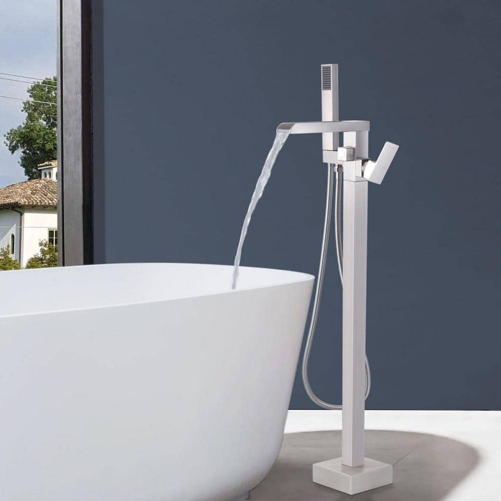 Brushed Nickel Freestanding Tub Filler with Lever Handle