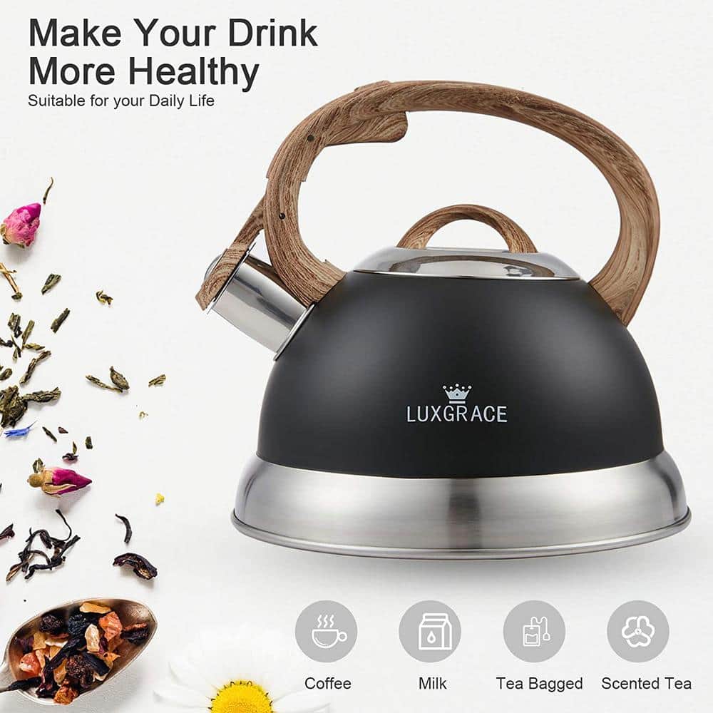 2.3 Quart Black Stainless Steel Whistling Tea Kettle with Wood Handle