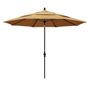 11 ft. Matted Black Aluminum Market Patio Umbrella with Fiberglass Ribs Collar Tilt Crank Lift in Wheat Sunbrella