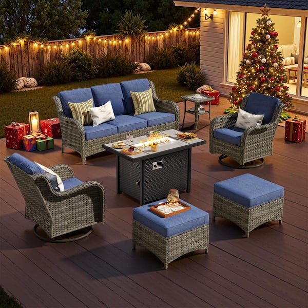 Clario 7-Piece Wicker 3-Seat Patio Conversation Set with Fire Pit, Denim Blue Cushion and 360° Swivel Chair for Deck