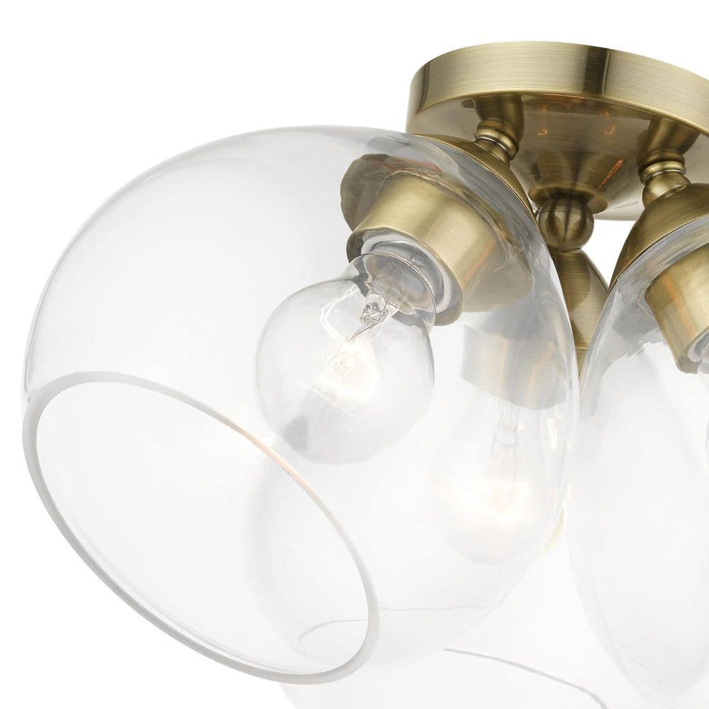 Antique Brass and Clear Glass 3-Light Semi-Flush Mount