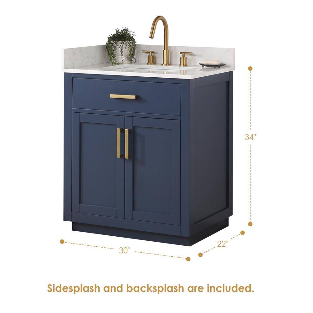 Gavino 30" Royal Blue Wood Vanity with Stone Top and Mirror