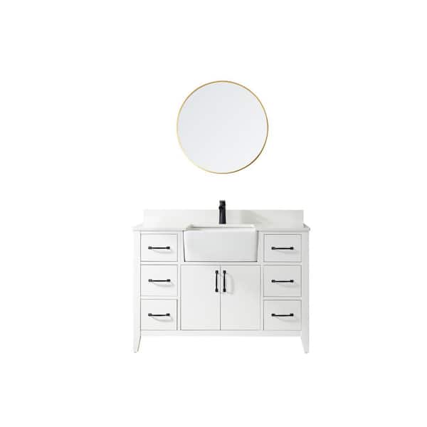 ROSWELL Sevilla 48 in. W x 22 in. D x 33.9 in. H Single Sink Bath Vanity in White with White Stone Countertop and Mirror