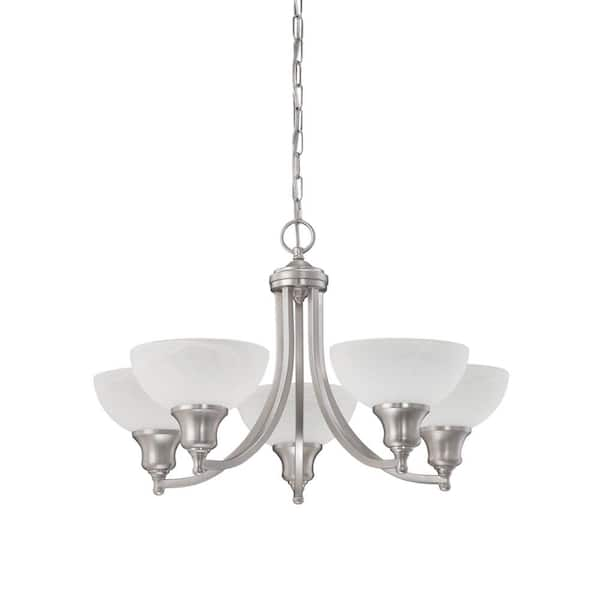 Sunset Lighting Alton Chandelier 5-Light Satin Nickel Chandelier with Alabaster Glass Shade