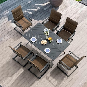 Brown 7-Piece Textilene and Iron Metal Rectangle Splicing Outdoor Dining Set with 1.77 in. Umbrella Hole