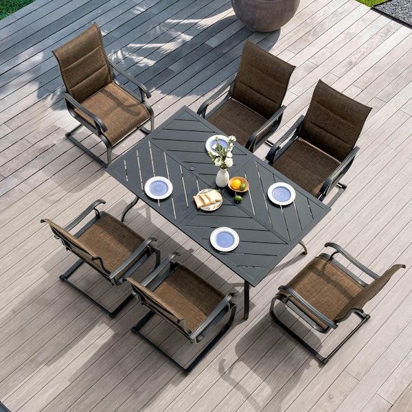 Nuu Garden Brown 7-Piece Textilene and Iron Metal Rectangle Splicing Outdoor Dining Set with 1.77 in. Umbrella Hole