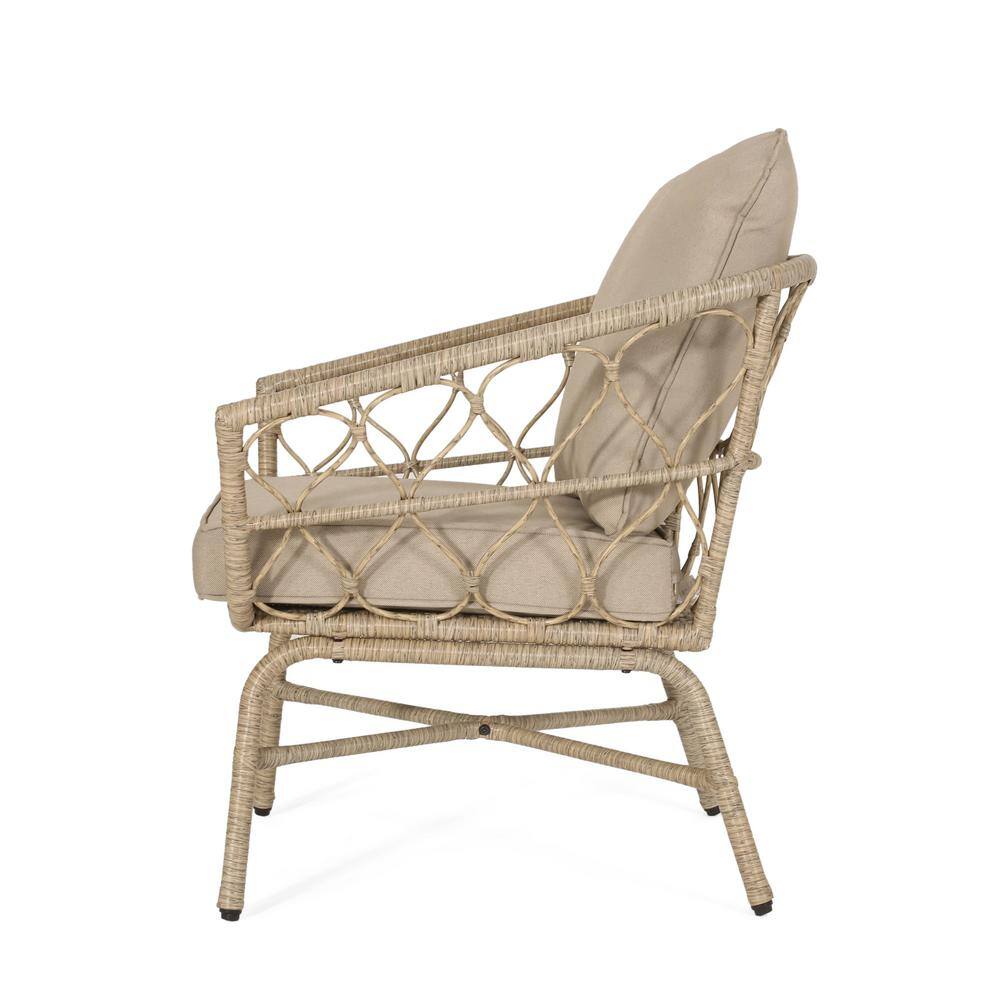 Beige Wicker and Iron Armchair Set with Cushions