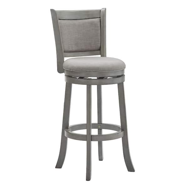 HomeSullivan 30 in. Antique Grey Finish Grey Upholstered Back Wood Frame Swivel Bar Height Stool