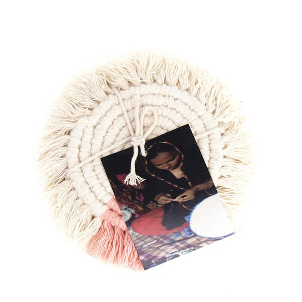 Global Crafts Macrame Coasters in Blush with Fringe Set of 4