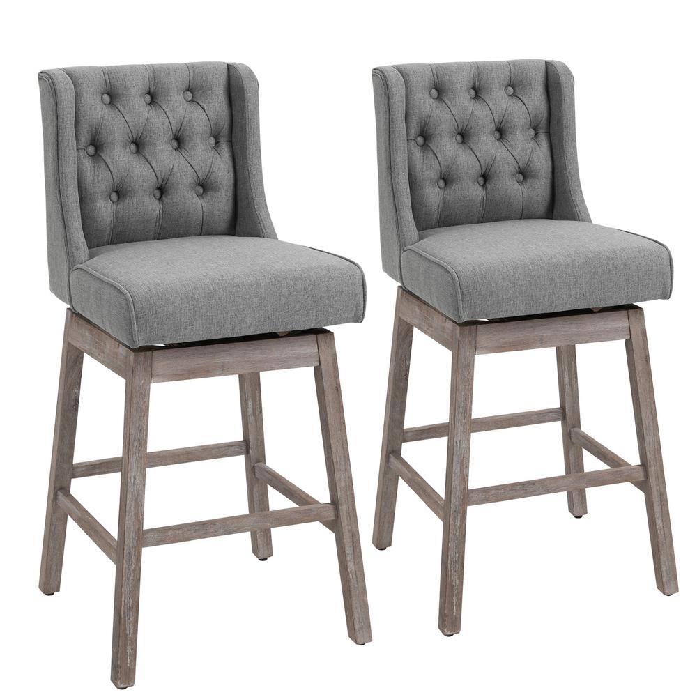 Gray Swivel Bar Stools with Wood Footrests, Set of 2