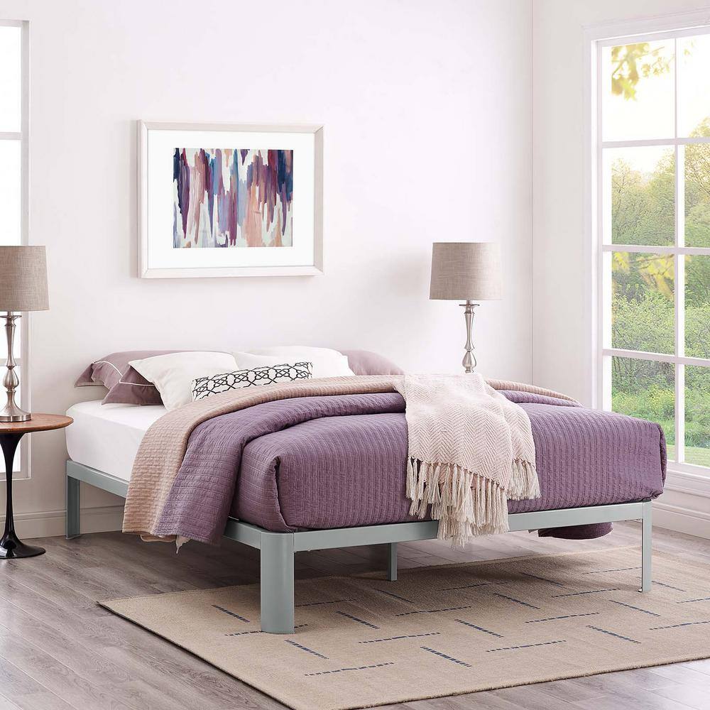 Gray Metal Queen Bed Frame with Slats and Non-Marking Pads